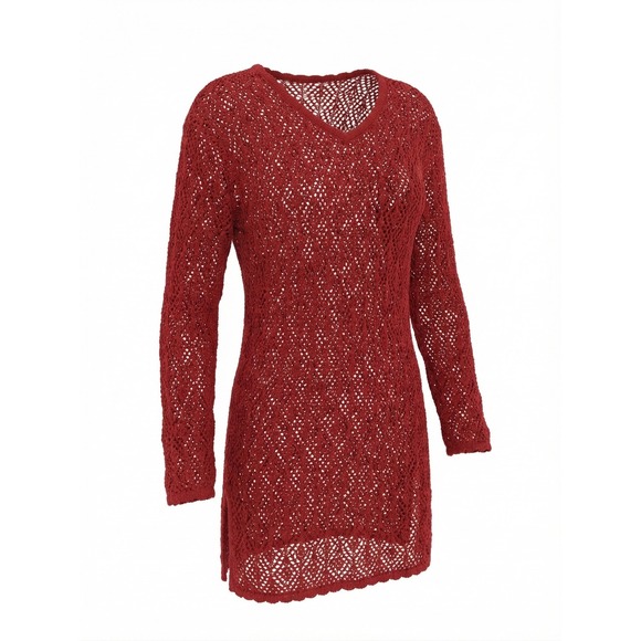 liz sport Tops - Liz Sport Vintage Cover Up Tunic Linen Blend Boho Crochet Knit Size Medium Red